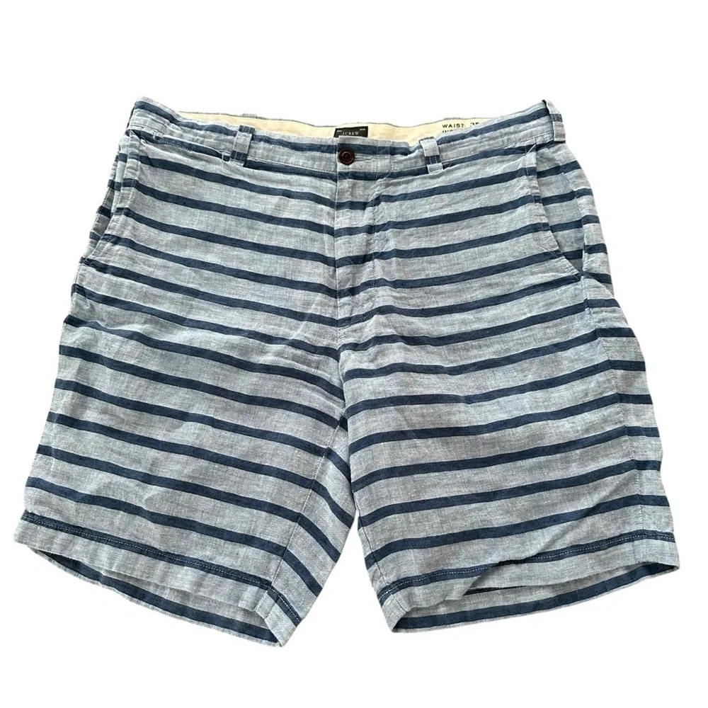 J Crew Mens 35 Stanton 100% Linen‎ Shorts Blue Striped Baird McNutt Irish 9”